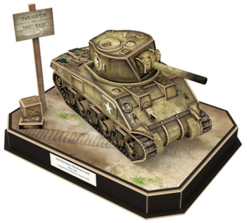 3D puzzle of the US M4A4 Sherman tank, featuring 263 interlocking pieces for ages 5+, no glue needed.