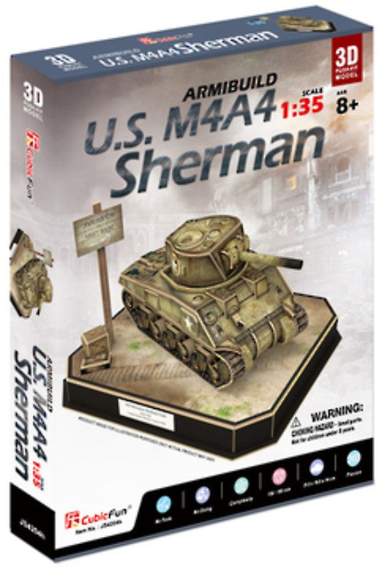 3D puzzle model of the US M4A4 Sherman tank, featuring 263 interlocking pieces, suitable for ages 5 and up.