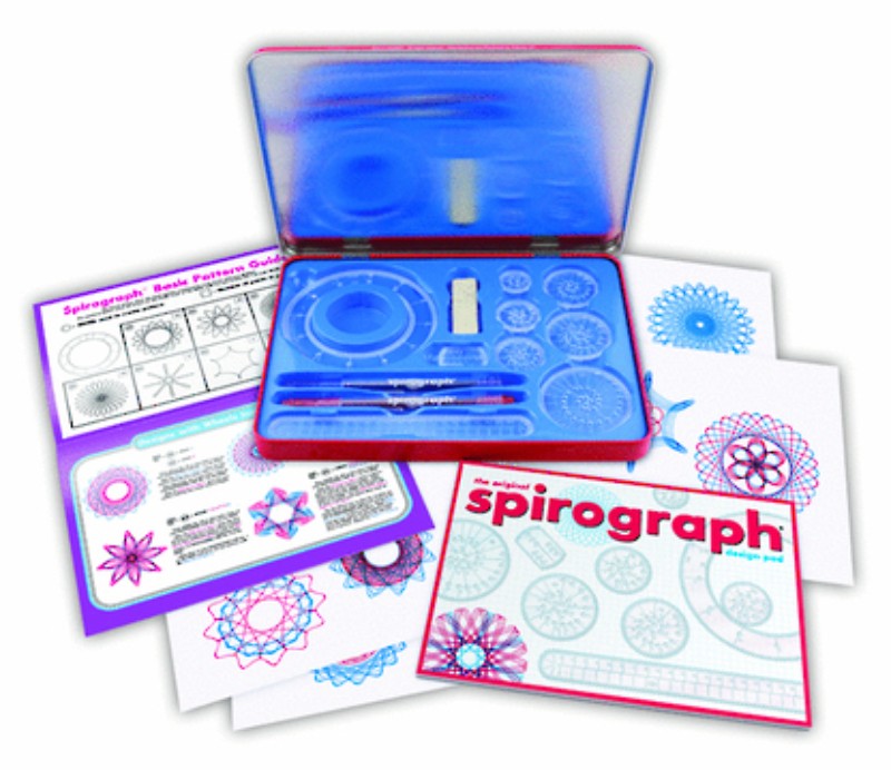 Spirograph Design Set Tin featuring precision wheels, pens, and a guide, perfect for creating intricate geometric designs.