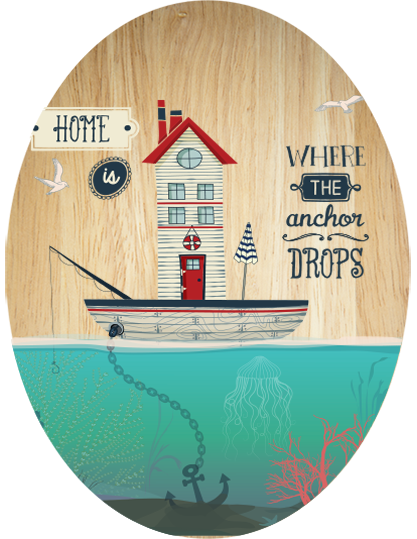 Plywood oval wall art featuring a vibrant nautical design, perfect for enhancing home decor and sustainable living.