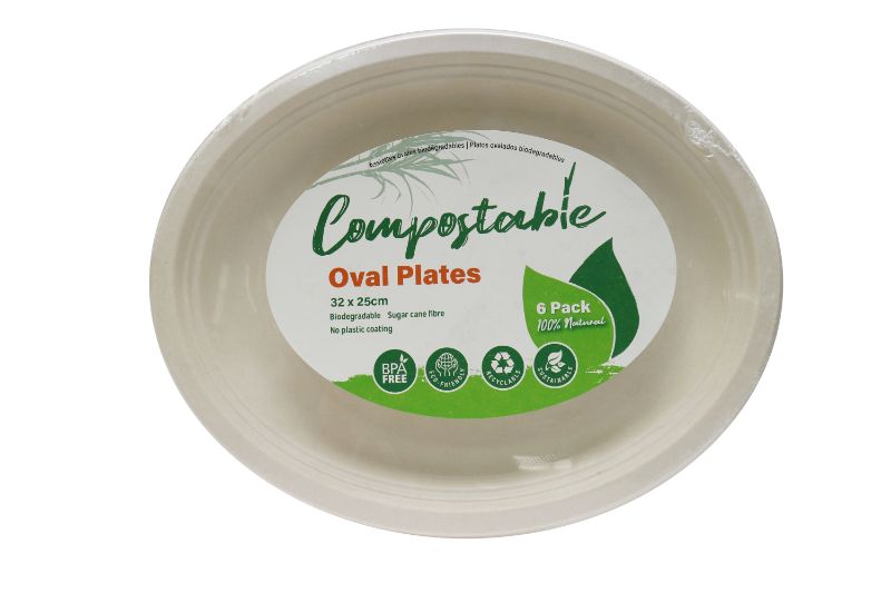 Compostable oval plates made from sugarcane fiber, eco-friendly, BPA-free, perfect for parties and reducing waste.