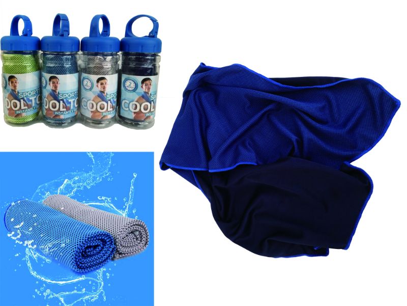 Three assorted vibrant SPORTS COOL TOWELS, 30 x 90cm, designed for instant cooling relief during workouts and outdoor activities.