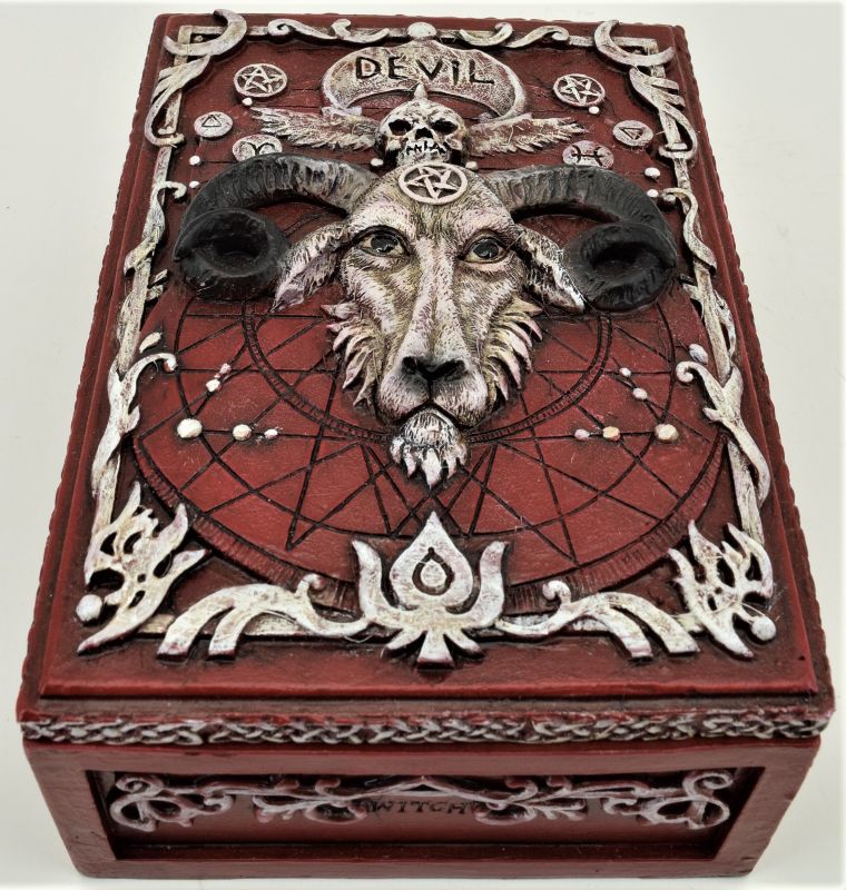 Red Baphomet Box (14cm) with intricate design, perfect for occult storage or as a gothic decorative piece.