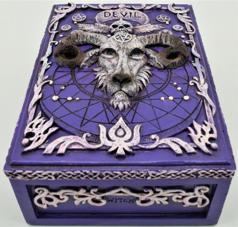 Purple Baphomet box (14cm) featuring intricate design, ideal for storage and as a mystical decorative piece.
