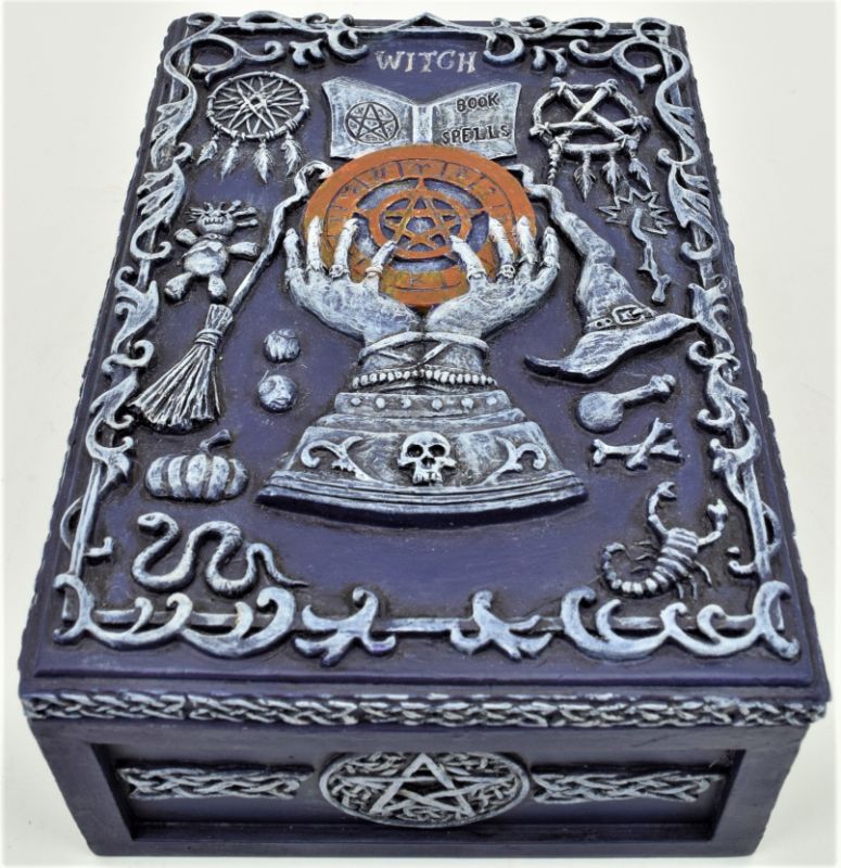 Purple Witchery Tarot Box with celestial motifs, measuring 14cm, perfect for storing tarot decks stylishly and securely.