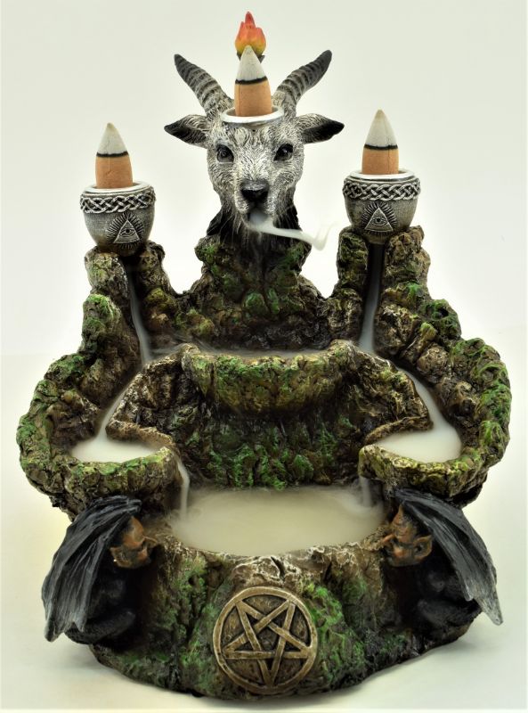 Baphomet backflow incense burner with LED, 20cm, creates cascading smoke and atmospheric glow for relaxation and meditation.