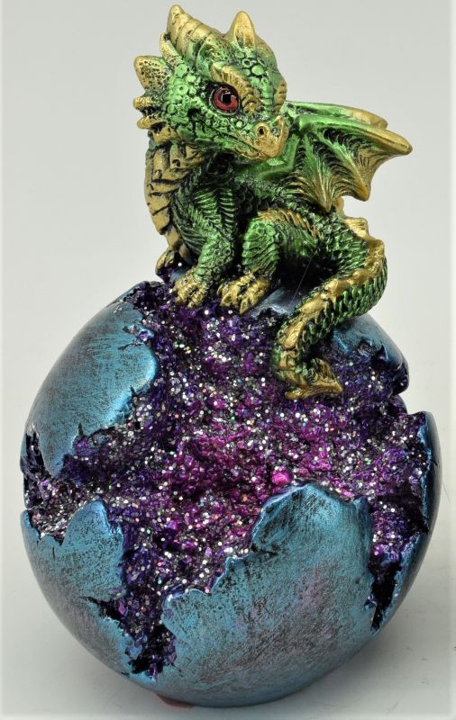 Green dragon resting on a crystal ball with LED light, perfect for home decor and fantasy enthusiasts, measuring 12cm.