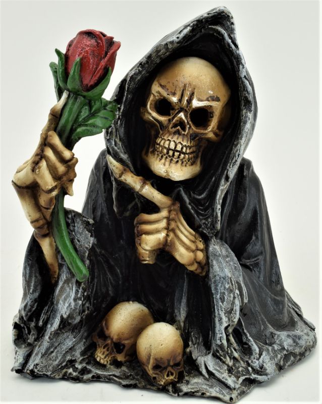 Gothic Reaper and Rose LED ornament, 13cm tall, blends dark elegance with a magical glow, perfect for year-round decor.