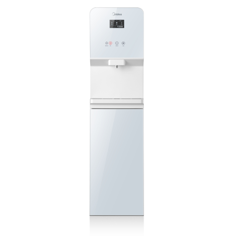 Midea Floor Standing Water Purifier JL1850S-RO with toughened glass, offering hot, warm, and cold water options for hydration.