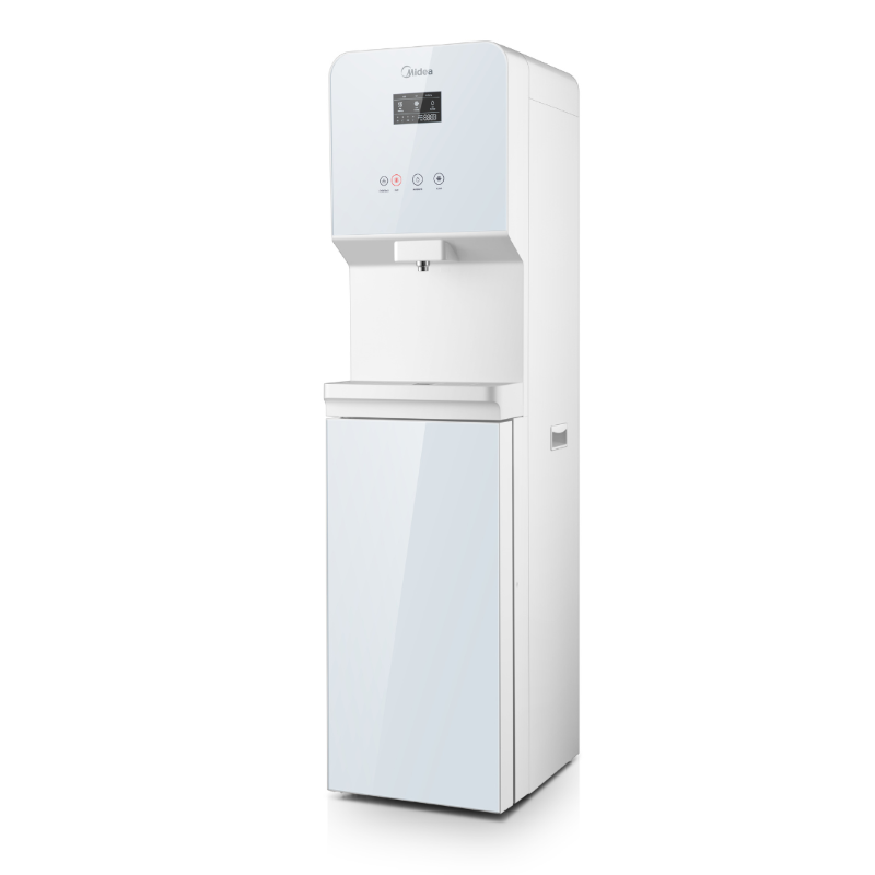 Floor standing Midea water purifier with hot, warm, and cold options, sleek glass design, and advanced hygiene features.