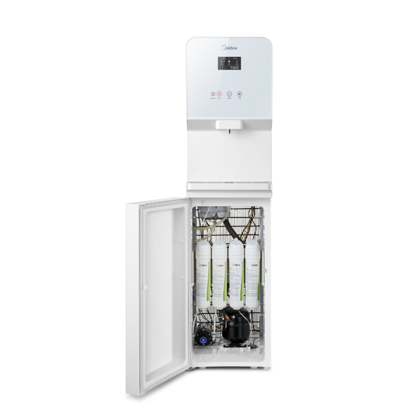 Elegant Midea floor-standing water purifier with hot, warm, and cold options, featuring a toughened glass design and UV-LED hygiene protection.