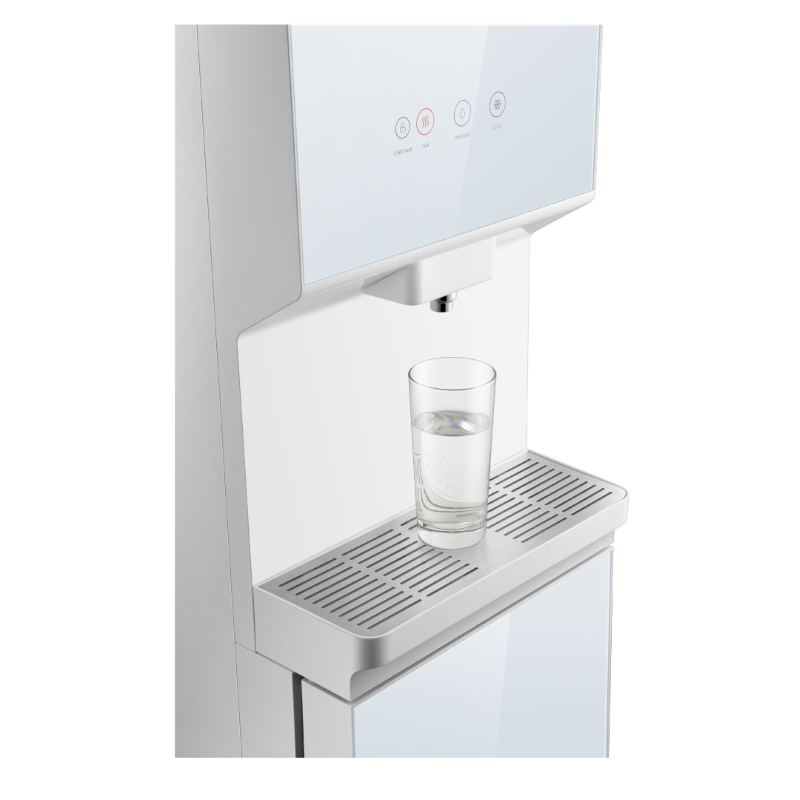Elegant Midea Floor Standing Water Purifier with hot, warm, and cold options in a toughened glass design, ensuring safe hydration.