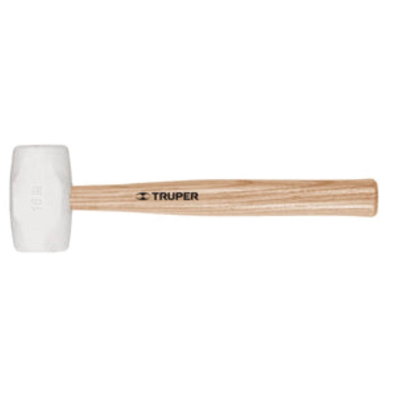 Rubber mallet with a white non-marking head and wooden handle, ideal for precise, damage-free striking in DIY projects.