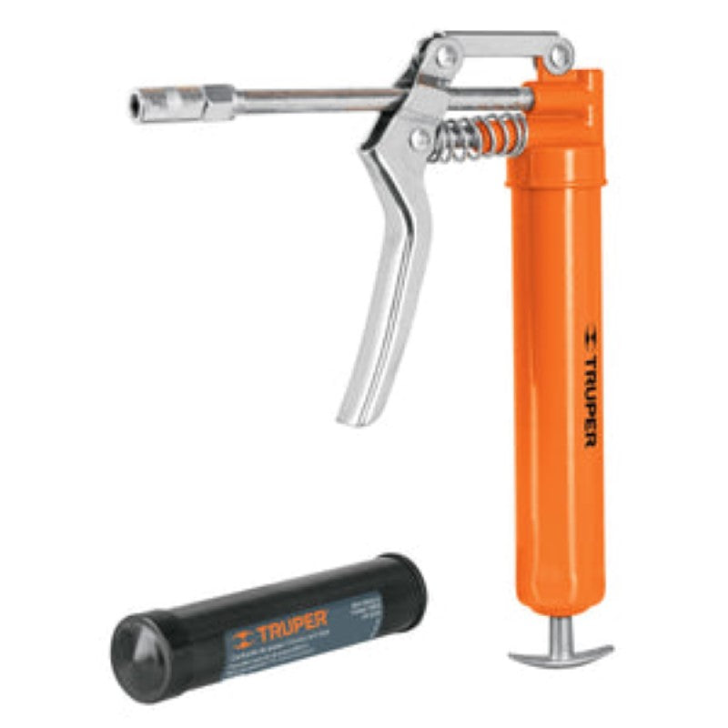 Compact Truper Grease Gun Mini 3000PSI with 85g cartridge, featuring dual exit positions and two loading systems for efficient lubrication.