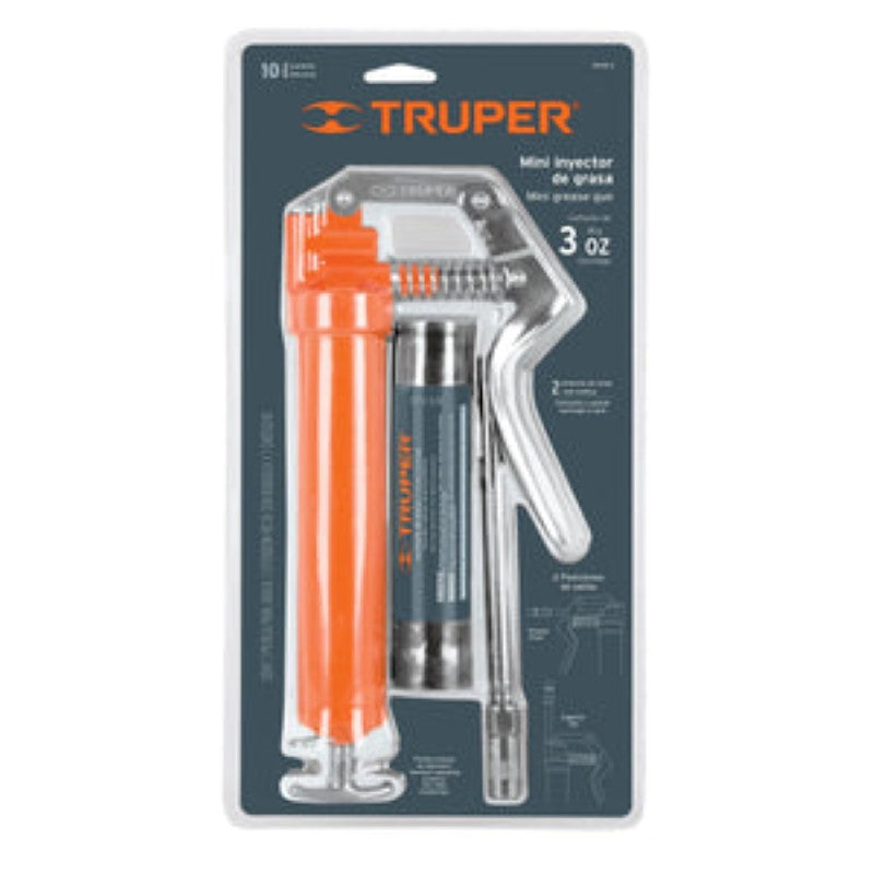 Compact Truper Grease Gun Mini 3000PSI with dual exit positions, rigid extension, and includes 85g cartridge for efficient lubrication.