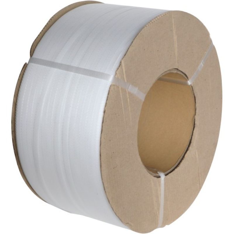 Clear polypropylene strapping band, 12mm x 3000m, strong for efficient packaging up to 120kgf, compatible with strapping machines.