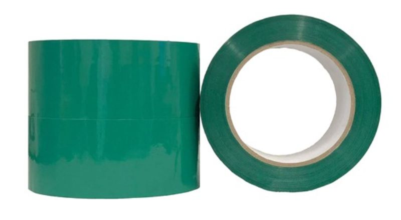 Vibrant green premium acrylic packaging tape, 48mm wide, 100m long, 55mu thick, ideal for secure sealing and bulk packaging.