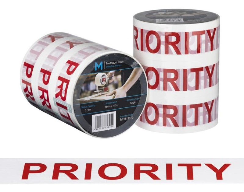 Bold red and white message tape for priority handling, 48mm wide and 100m long, pack of 36 rolls for secure packaging.