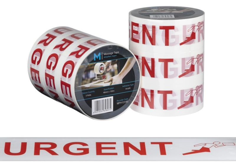 White and red urgent message tape, 48mm x 100m, 50mu thick, 36 rolls for clear communication and secure packaging.