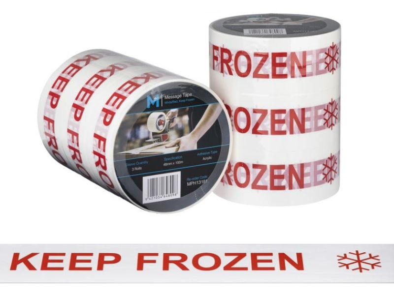 Message tape in white/red, 48mm x 100m, pack of 36, ensures clear communication for frozen goods with durable adhesive.