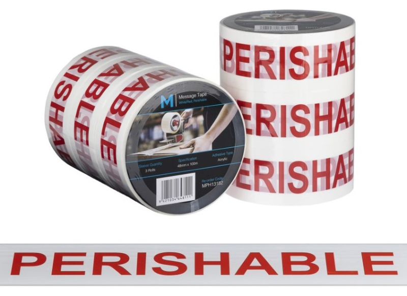 White and red message tape labeled 'Perishable', 48mm x 100m, designed for safe packaging and clear communication.