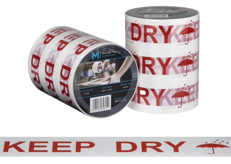 White and red message tape, 48mm x 100m, with bold 'Keep Dry' print, ideal for secure packaging and moisture protection.