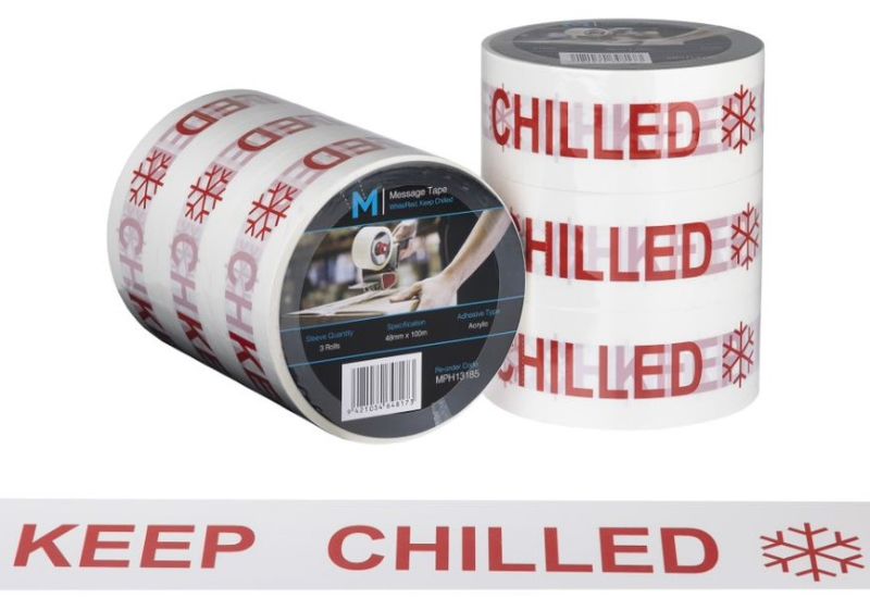 Message Tape Keep Chilled in white and red, 48mm x 100m, for clear communication on temperature-sensitive packages.