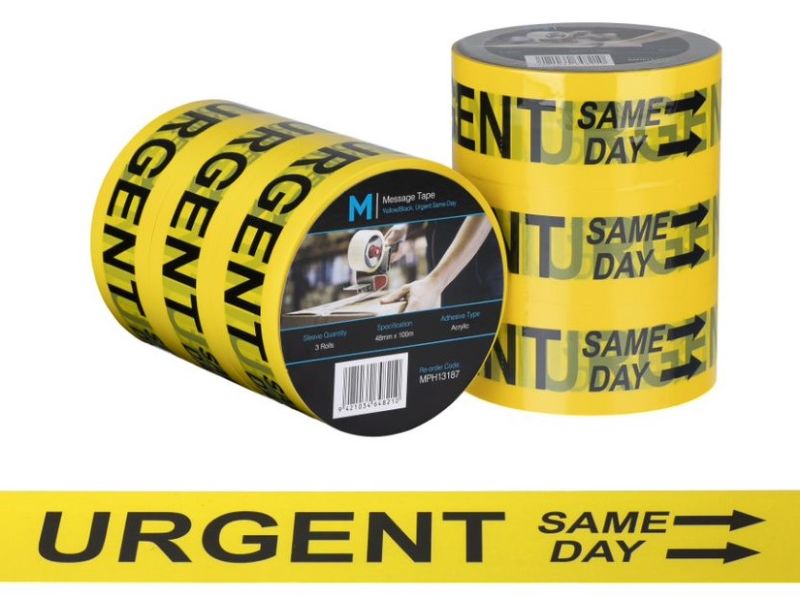 Yellow and black urgent message tape, 48mm x 100m, ideal for clear communication in shipping and packaging. Pack of 36 rolls.