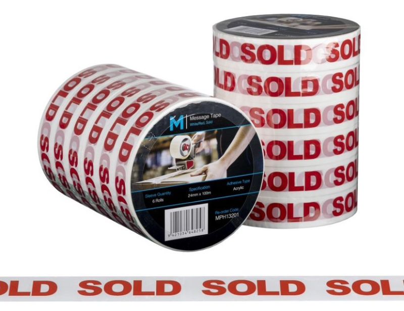 Message Tape in white and red, 24mm x 100m, ideal for secure packaging and clear labeling, pack of 72 rolls.