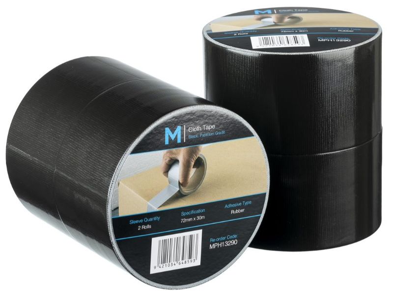 Premium black cloth tape, 72mm x 30m, waterproof with strong adhesive, perfect for crafting and industrial use, pack of 24.
