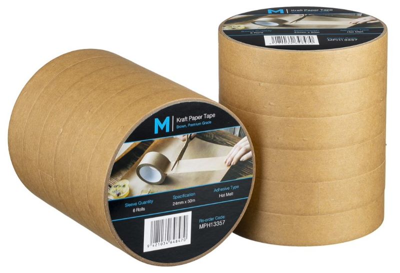 Kraft paper packaging tape in tan, 24mm x 50m, strong and eco-friendly, ideal for sealing and securing packages. Pack of 72 rolls.