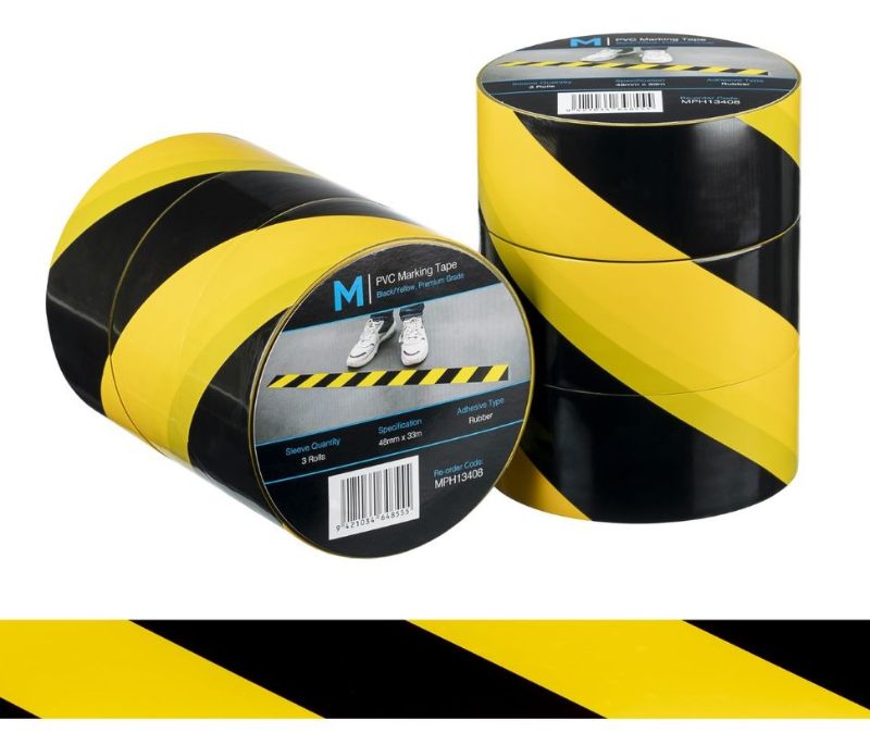 Heavy-duty yellow and black PVC floor marking tape, 48mm x 33m, ideal for safety and organization in warehouses. Pack of 36.