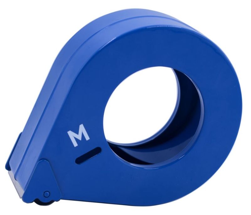 Blue tear drop tape dispenser with metal construction, ergonomic grip, holds 76mm core tape up to 48mm wide. Ideal for home and office.