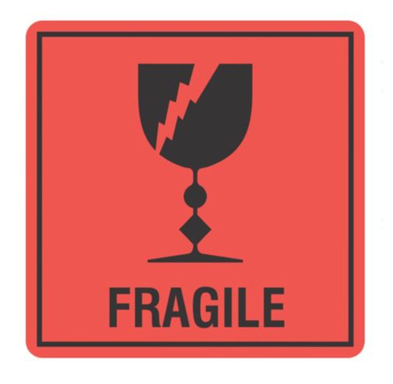 Bold orange and black fragile labels, 99mm x 99mm, for safely shipping delicate items, 500 per roll.