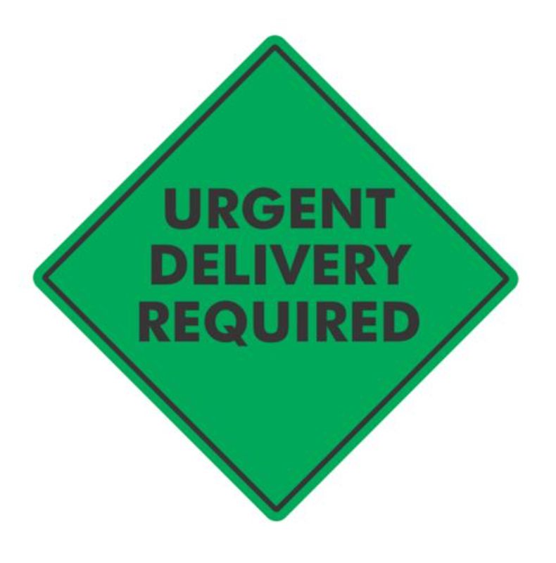 Green and black urgent delivery labels, 99mm x 99mm, with strong adhesive, clear print, and 500 per roll for safe shipping.