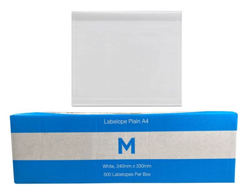 Plain A4 white labelopes measuring 240mm x 330mm, durable, waterproof, and ideal for secure shipping document protection.