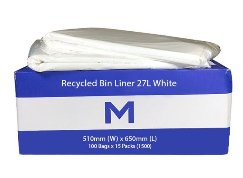 Eco-friendly 27L white recycled bin liners, 510mm x 650mm, 20mu thickness, strong and odor-resistant. Box of 1500 bags.