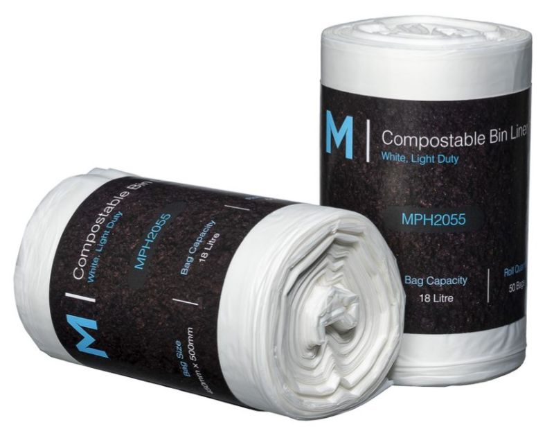 White 18L compostable bin liners made from renewable corn materials, designed for sustainable waste management and quick biodegradation.