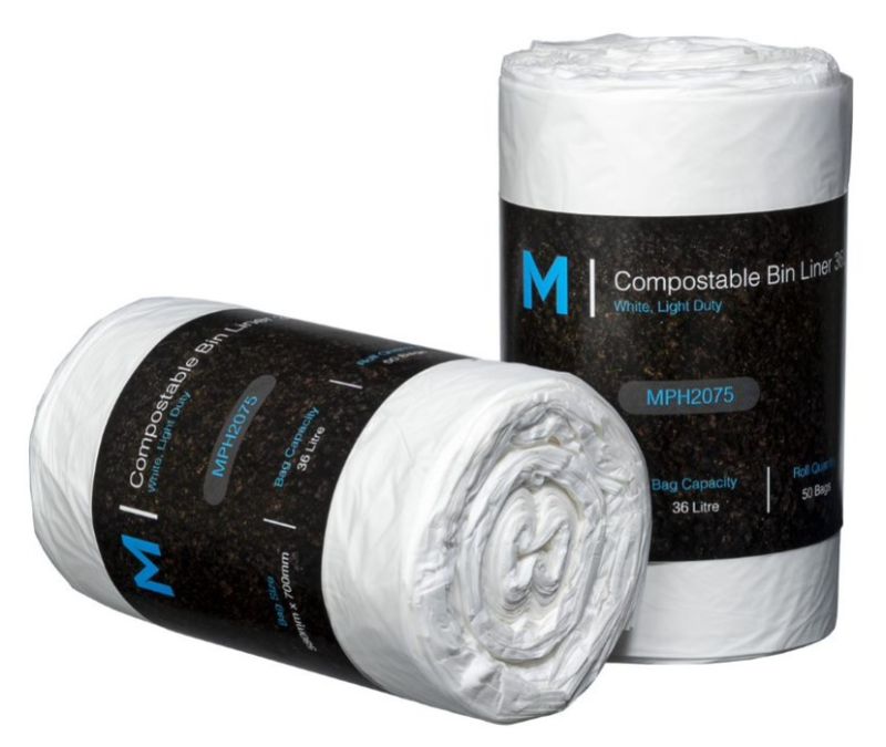 Eco-friendly 36L compostable bin liner in white, made from renewable corn materials, perfect for waste disposal and composting.