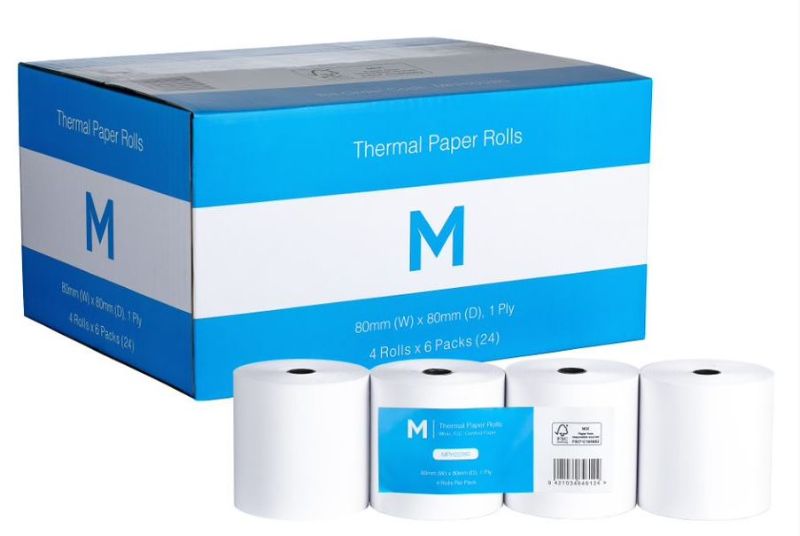White thermal paper rolls, 80mm x 80mm, 1 Ply, FSC Mix®, pack of 24 for clear receipts in retail and restaurants.