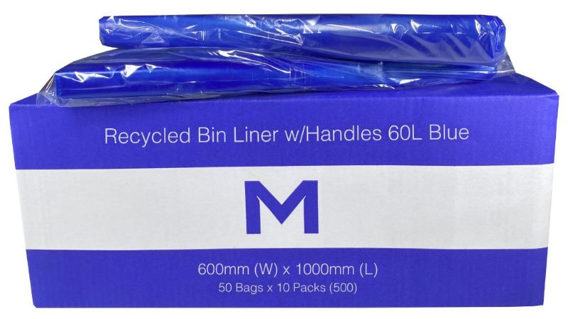 Blue recycled bin liner with handles, 60L, 600mm x 1000mm, durable, eco-friendly, 500 count box for waste management.