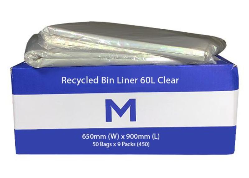 Clear 60L recycled bin liners, 650mm x 900mm, durable and eco-friendly, perfect for waste management with 450 bags per box.