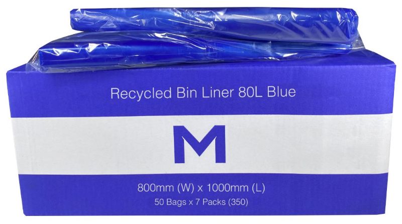 Eco-friendly blue recycled bin liner 80L, 800mm x 1000mm, 30mu thick, durable and perfect for waste management. 350 bags.