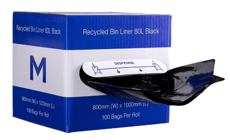 Black DB Recycled Bin Liners, 80L, 800mm x 1000mm, eco-friendly, puncture-resistant, 100 durable bags for waste disposal.