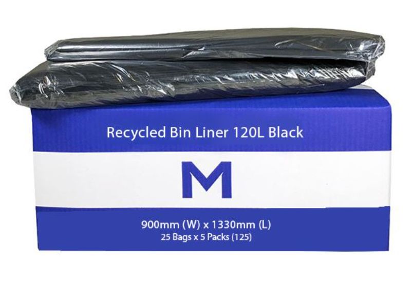 Eco-friendly black 120L bin liners, durable 50mu thickness, 900mm x 1330mm, perfect for recycling and waste management.