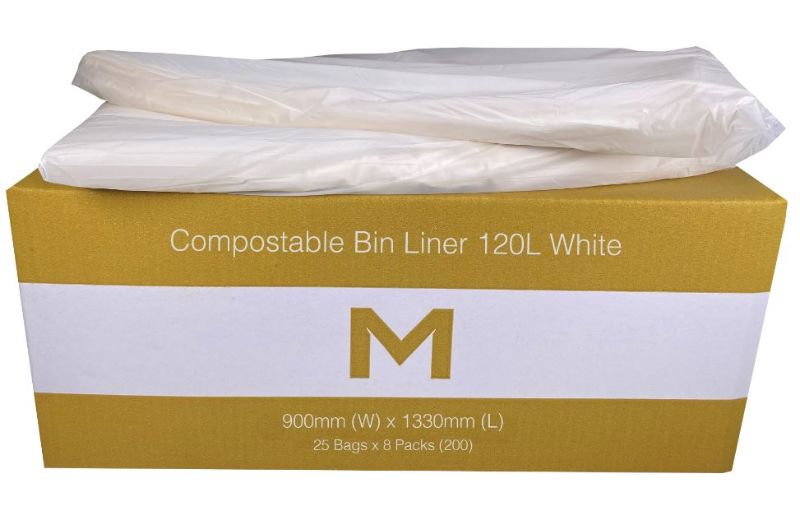 White compostable bin liners, 120L size, eco-friendly, made from renewable corn, ideal for sustainable waste management.