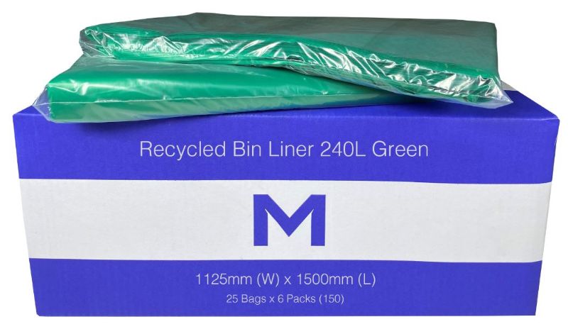 Vibrant green 240L recycled bin liners, 1125mm x 1500mm, eco-friendly, 30mu thickness, pack of 150 for effective waste management.