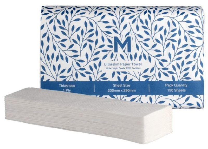 Ultraslim white paper towels, 1 ply, 230mm x 290mm, pack of 3000, ideal for efficient cleaning and eco-friendly use.