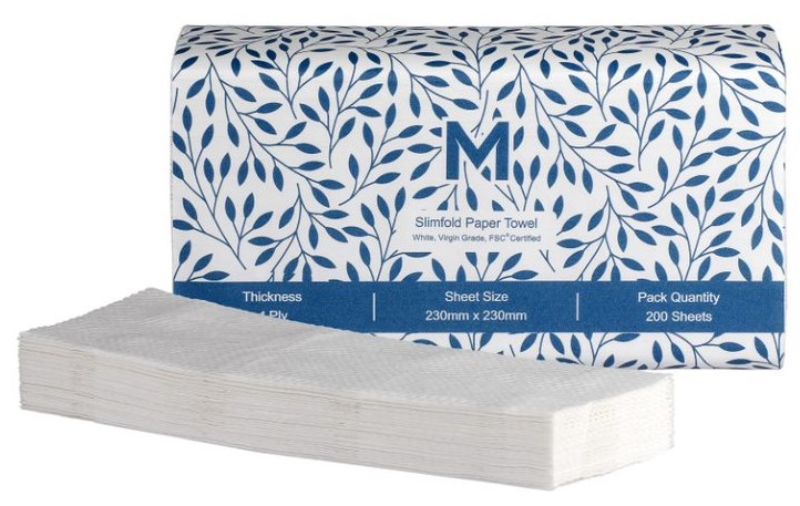 Slimfold white paper towels in a compact 230mm size, offering 1-ply absorbency for effective cleaning and hygiene.