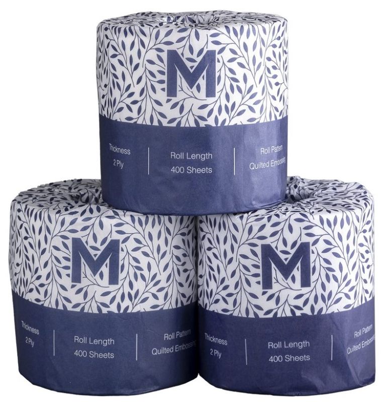 Luxurious white toilet tissue, 2 ply, 400 sheets per roll, individually wrapped, FSC certified, ideal for upscale settings.